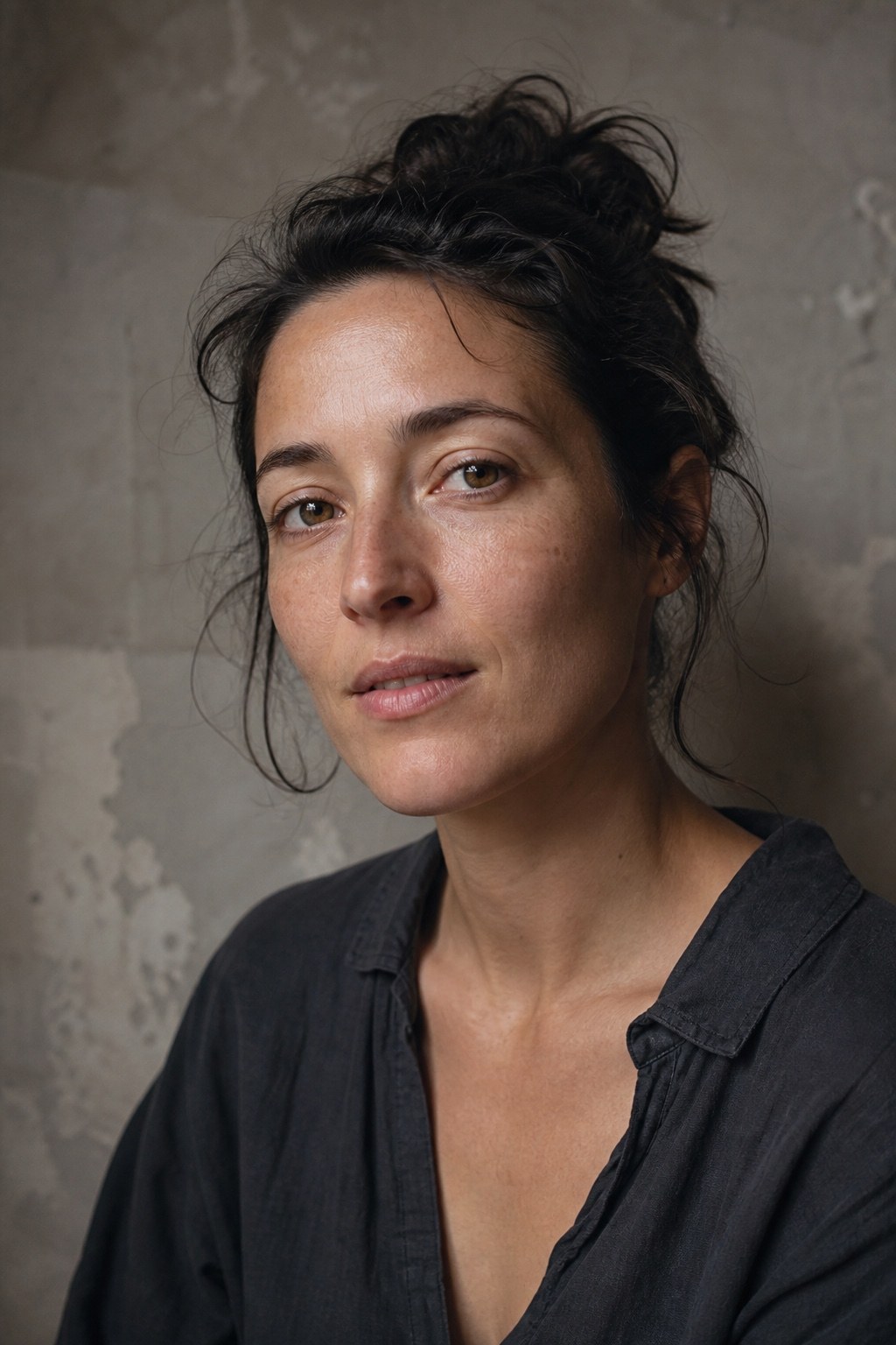 Woman in soft window light against a warm plaster wall.