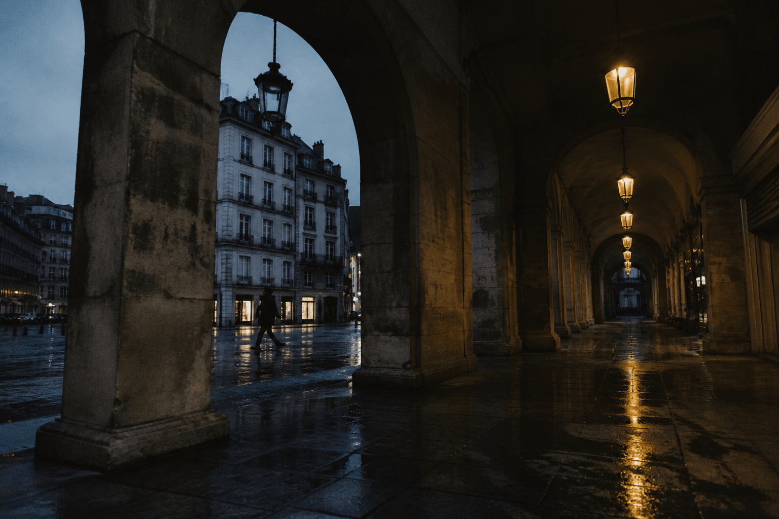A lone pedestrian crossing beneath stone arcades after rain.