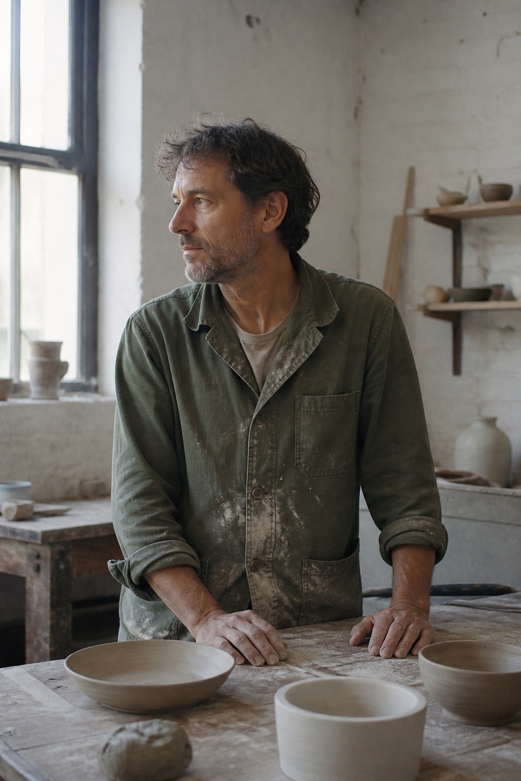 Ceramicist standing quietly in a daylight workshop.
